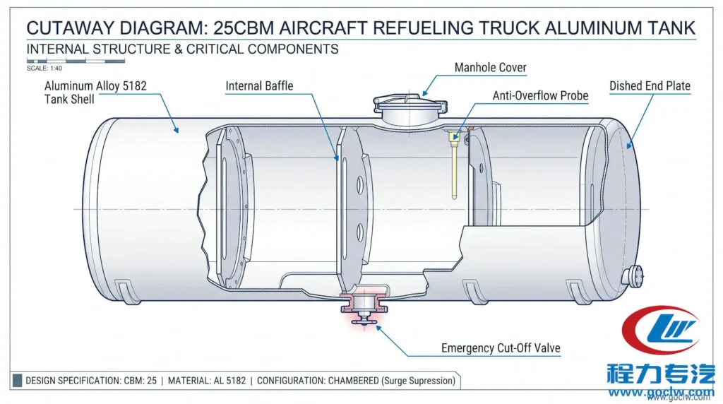 25CBM aviation refueler aluminum alloy tank structure cutaway diagram with baffles and end plates