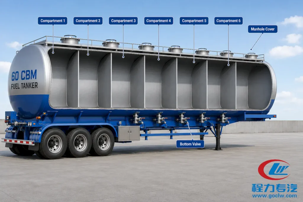 6-compartment fuel tanker tank structure diagram
