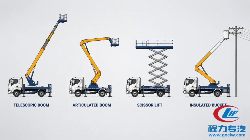 Four main aerial work platform truck boom types compared: telescopic straight boom, articulated knuckle boom, scissor lift, and insulated bucket truck