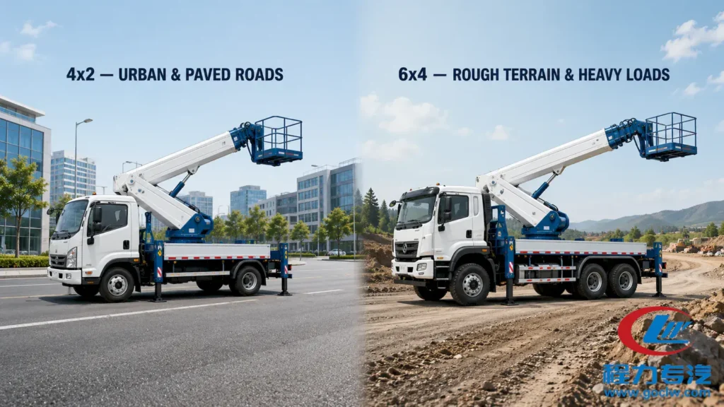 Chassis comparison between 4x2 light-duty aerial work platform truck for urban roads and 6x4 heavy-duty configuration for rough terrain