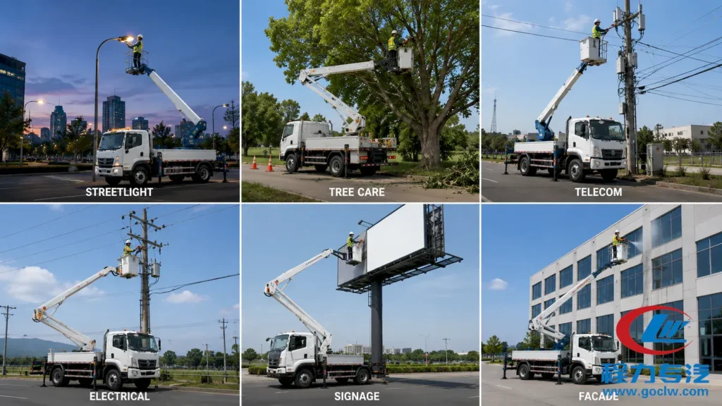 Six main applications of aerial work platform trucks: streetlight maintenance, tree trimming, telecom installation, electrical work, signage, and building facade