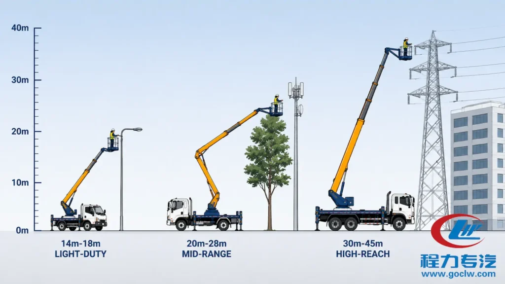 Aerial work platform truck working height ranges from 14m to 45m with typical applications for each range