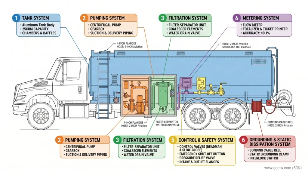 6 core subsystems of a 25CBM aircraft refueling truck including tank pump filtration metering control and grounding