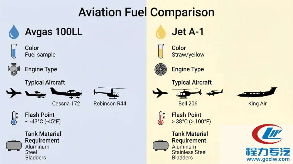 Side-by-side comparison of Avgas 100LL and Jet A-1 aviation fuels including color, octane, typical aircraft users, and tank material requirements