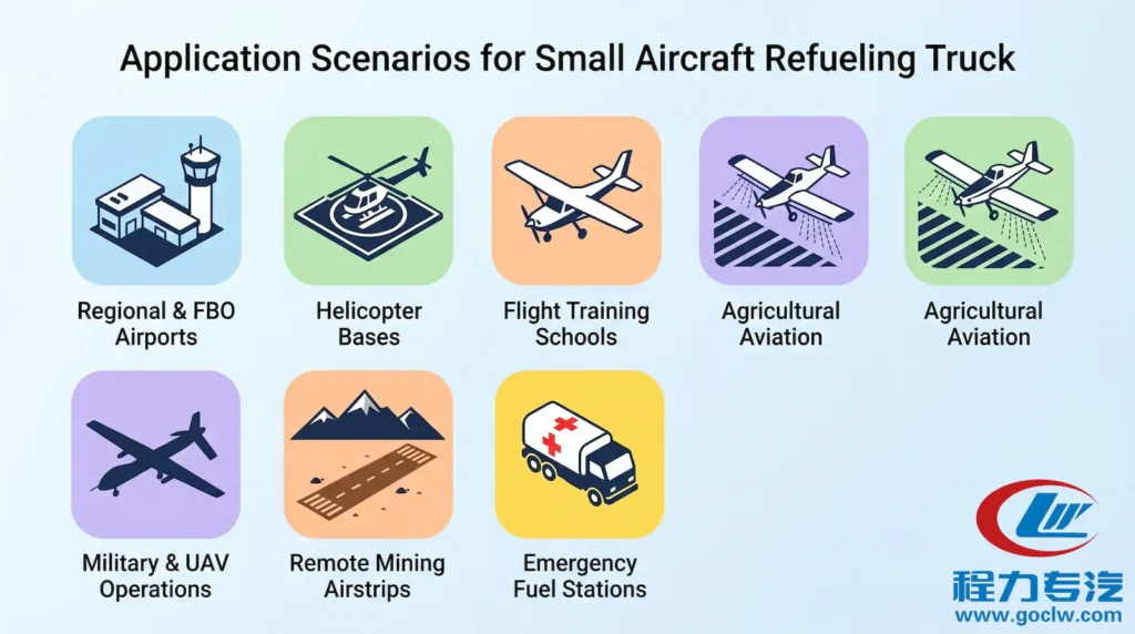 Seven application scenarios for a 5,000L small aircraft refueling truck: FBO airports, helicopter bases, flight schools, agricultural aviation, UAV operations, remote airstrips, and emergency mobile fuel stations