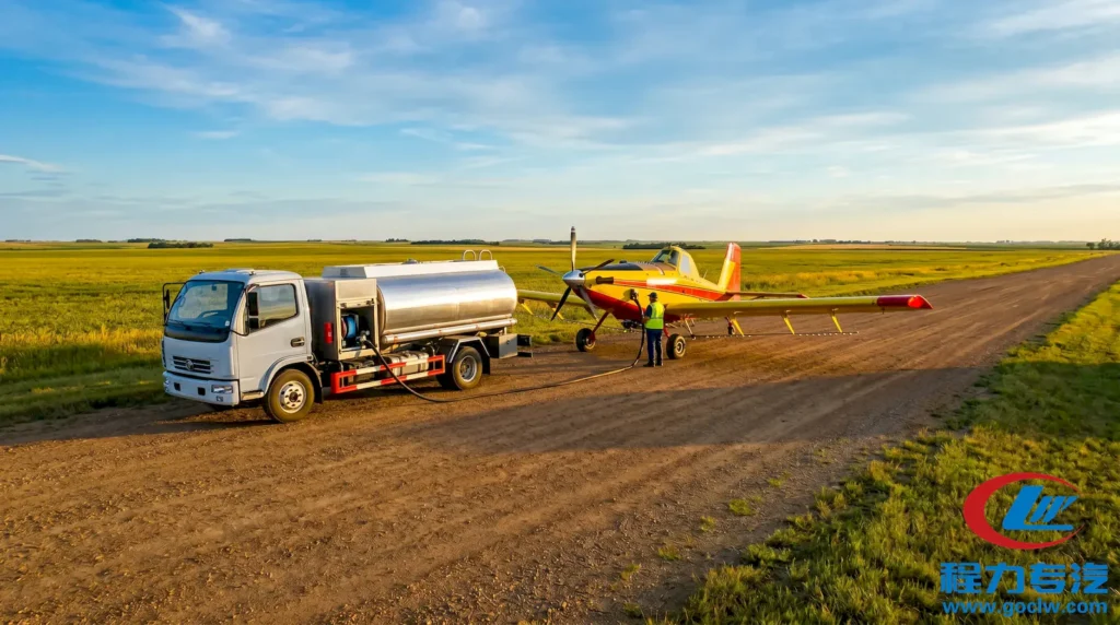 5,000L small aircraft refueling truck supporting an agricultural crop-dusting aircraft on a temporary rural airstrip