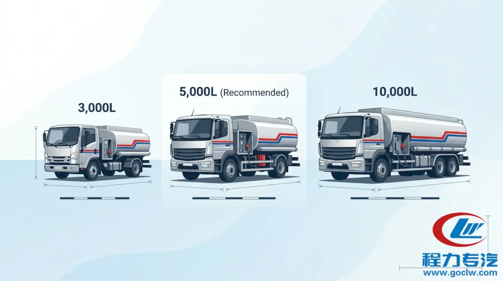 Capacity comparison of 3,000L, 5,000L, and 10,000L aviation refueling trucks