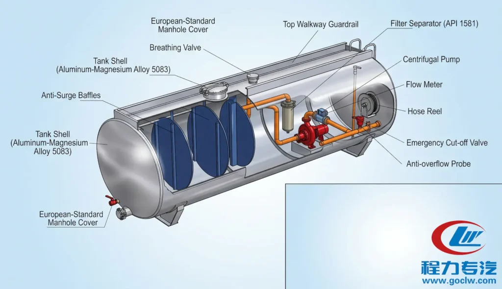 Cutaway diagram of a 5,000L aviation refueling truck tank showing internal baffles, manhole cover, pumping system, and filtration unit