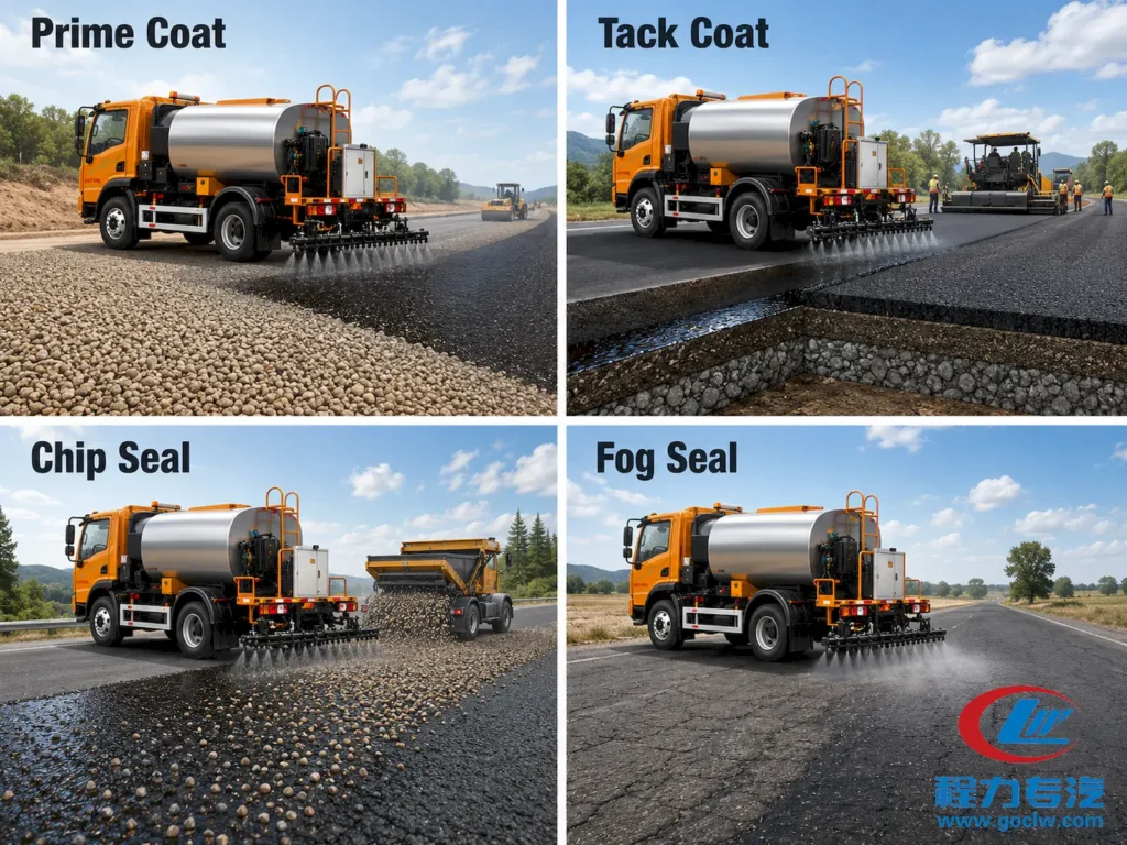 Four main applications of bitumen sprayer truck: prime coat, tack coat, chip seal, and fog seal