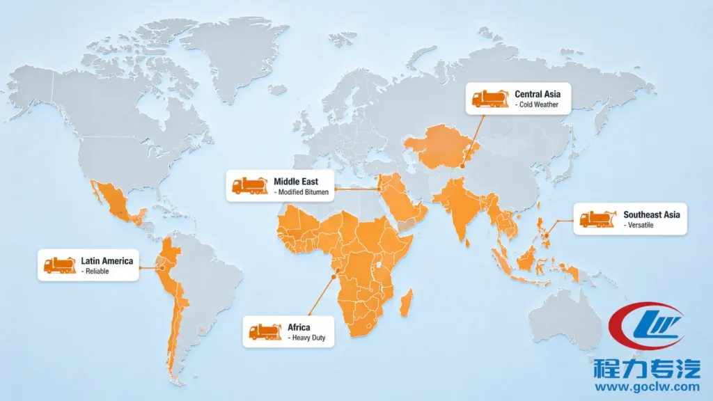 Global delivery map of CLW bitumen sprayer trucks across Africa, Southeast Asia, Middle East and Latin America