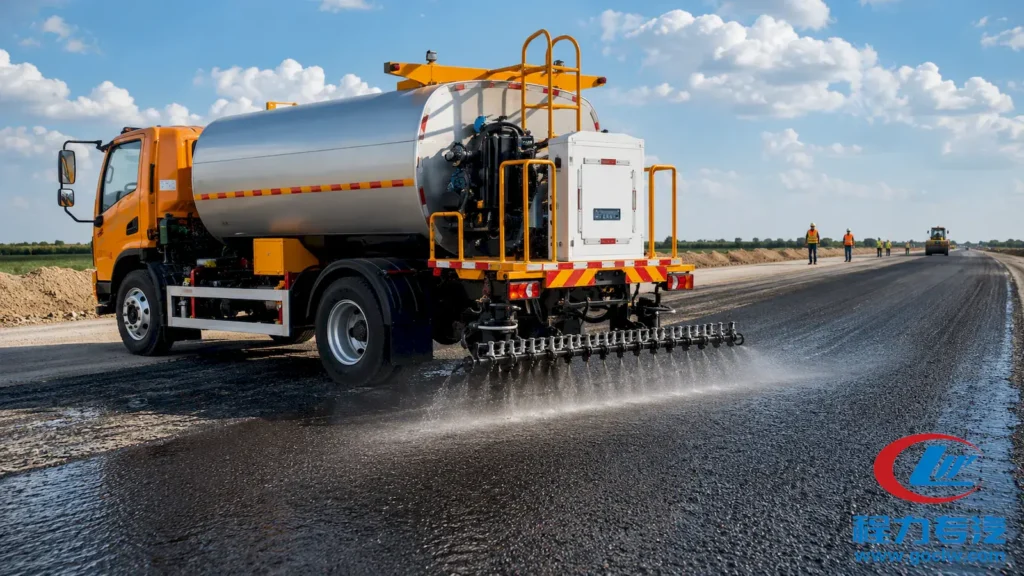 Bitumen sprayer truck spraying hot bitumen on a road construction site