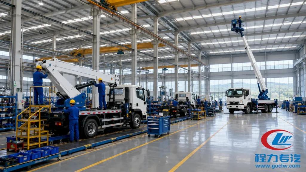 CLW special vehicle manufacturing facility showing aerial work platform truck assembly line and pre-delivery testing area