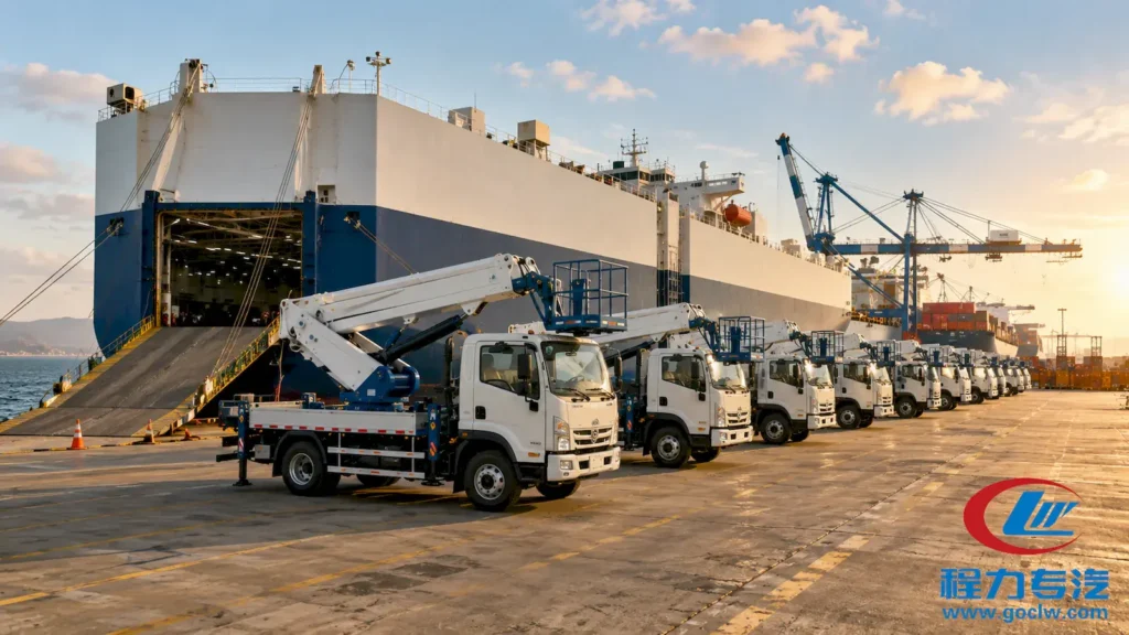 CLW aerial work platform trucks ready for Ro-Ro shipping at port for export to overseas markets