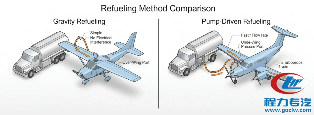 Diagram comparing gravity-fed refueling and pump-driven refueling methods for small aircraft refueling trucks
